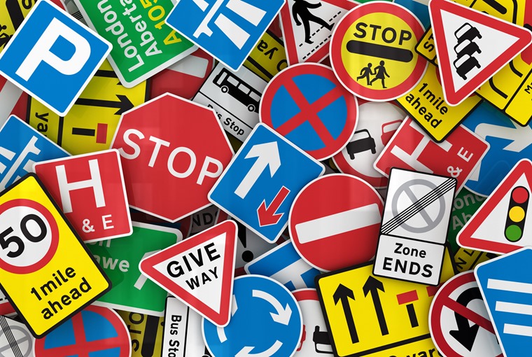 Chaotic collection of traffic signs from the United Kingdom